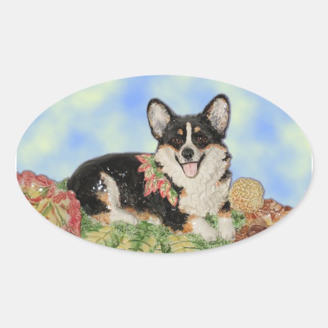 Corgi de três cores em adesivos de folhagem de que (Frente)
