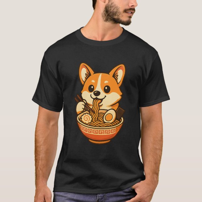 Corgi Fofo Comendo Ramen, Design de Camiseta de Ca (Frente)
