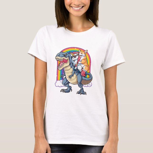 Corgi Unicorn Dirigindo Camisa T rex Dinossauro pa (Frente)
