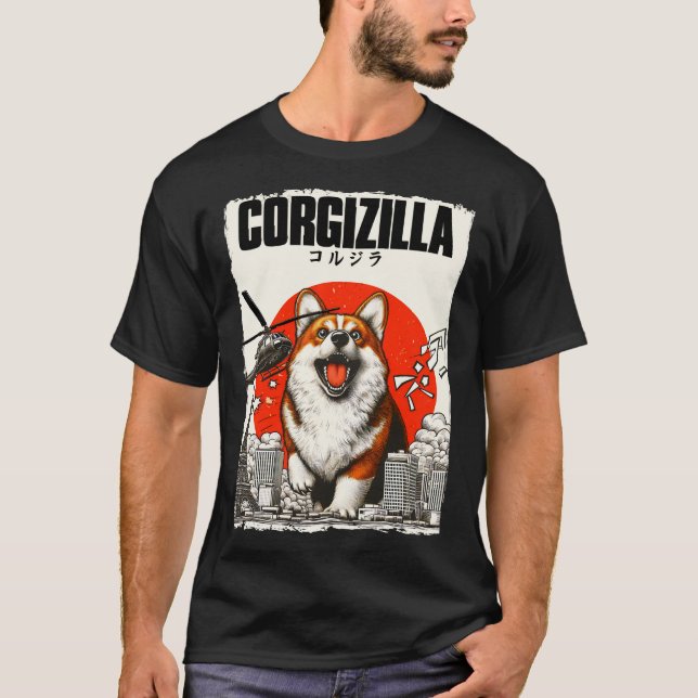 Corgizilla Engraçado Estilo Japonês T-Shirt (Frente)