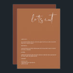 CORIANDER Boho Terracotta 5x7" Vamos Eat Menu<br><div class="desc">Este menu apresenta uma fonte escura escrita à mão e um design moderno minimalista com uma combinação boho terracotta e cor branca. Edite com facilidade o texto *maioria* para atender às suas necessidades. Este menu faz a adição perfeita ao seu simples chá de fraldas, chá de panela, casamento, aposentadoria ou...</div>
