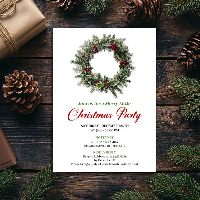 Coroa de Pinheiro Clássica Convite de Natal Editáv (Classic Pine Wreath Christmas Party Editable)