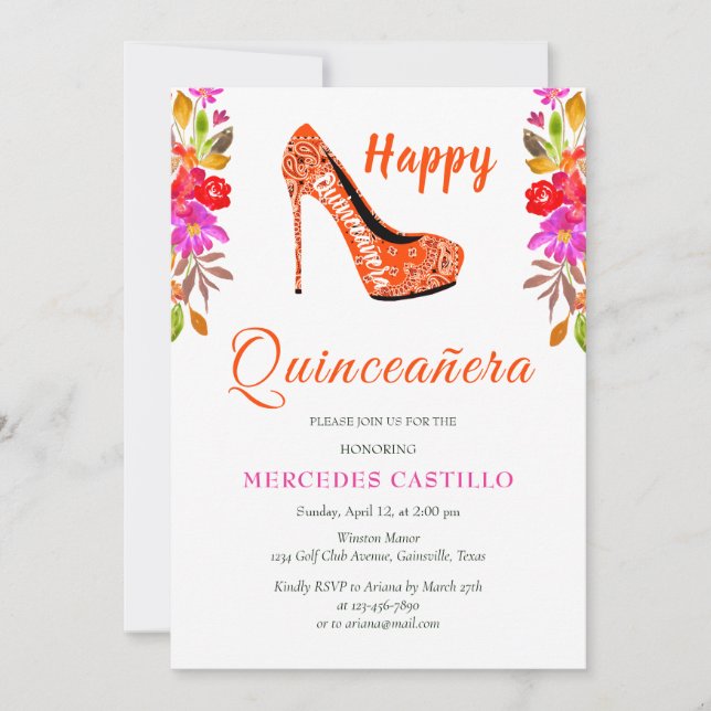 Coroa Floral Boho Rosa Convite Quinceañera (Frente)