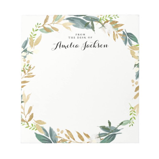 Coroa Floral Dourada Bloco de Notas Personalizado  (Frente)