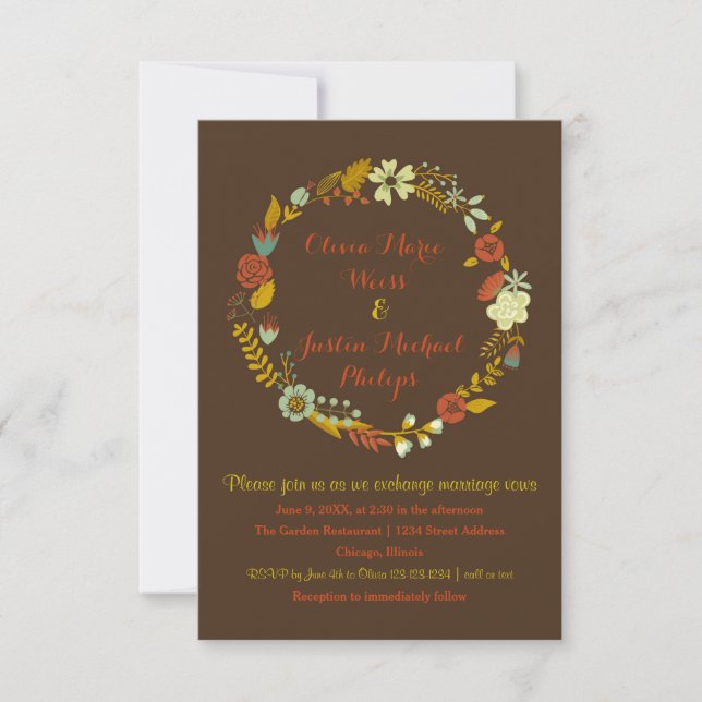 Coroa Floral Marrom - Convite de Casamento 3x5 (Frente)