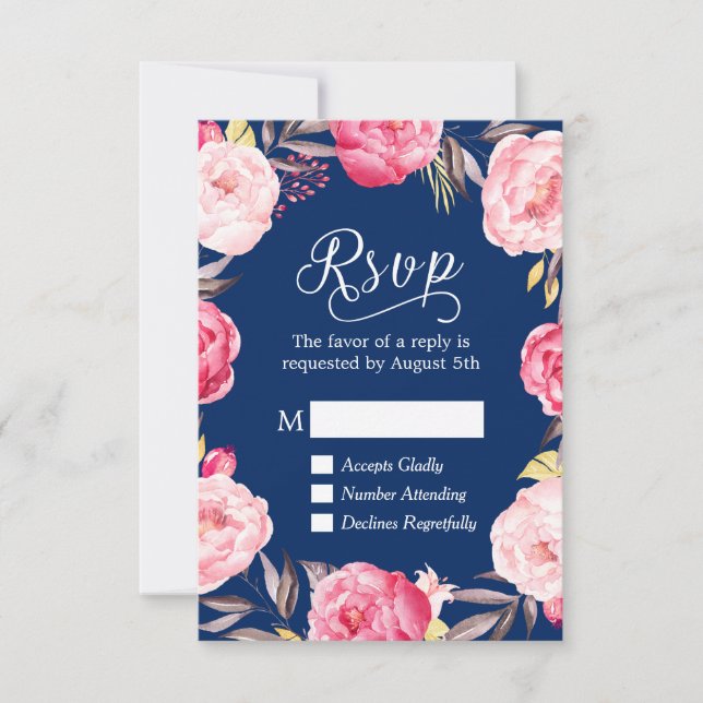 Coroa Floral Rosa Resposta RSVP Azul Naval (Frente)