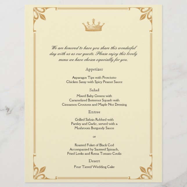 Coroa Regência no Menu Casamento Dourado e de Marf (Frente)