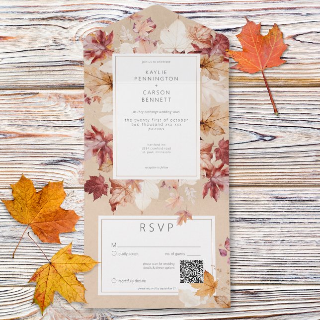 Corrida russa das folhas de queda do código QR do  (Rustic Wreath of Fall Leaves Tan QR Code All In One Invitation)