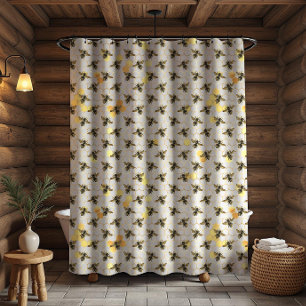 Cortina Para Box Abejas en Panal Patrón Amarillo Dorado Gris Rústic
