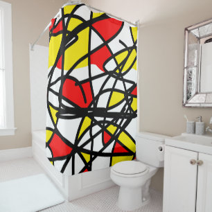 Cortina Para Box Abstrato Art Amarelo Vermelho Branco Ocupado Impre