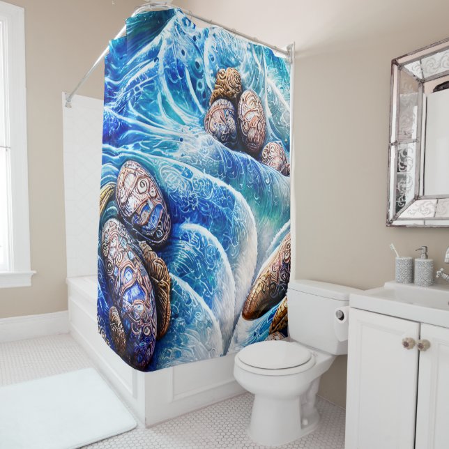 Cortina Para Box Abstrato Blue Ocean Wave Marble Agle Art Dourado (In Situ)