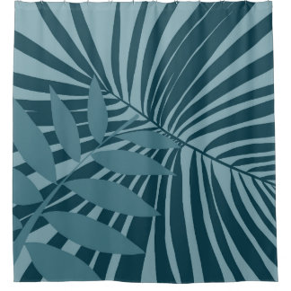 Cortina Para Box abstrato de palma e folha tropical em cinza azul