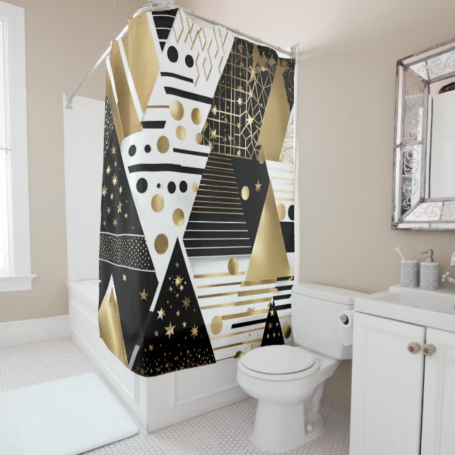 Cortina Para Box abstrato dourado e chá de triângulos pretos (In Situ)