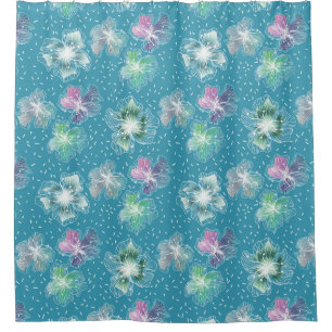 Cortina Para Box Abstrato flores em lindos tons azuis claros