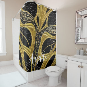 Cortina Para Box Abstrato Linhas Preto e Nome Personalizado Dourado