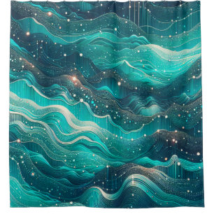 Cortina Para Box "Abstrato Teal e Ondas de Água Azul"