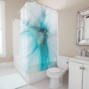 Cortina Para Box Abstrato Teal, Smokey e Faux Dourado