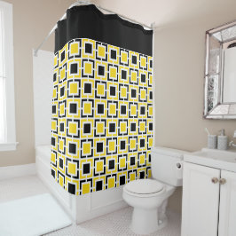 Cortina Para Box Amarelo, quadrados retros brancos do preto
