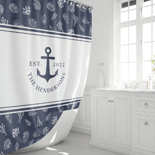 Cortina Para Box Âncora Azul Marinho Branco, Monograma, Náutico
