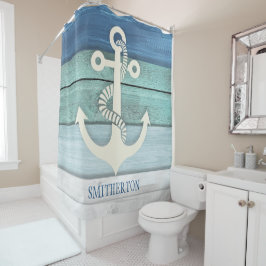 Cortina Para Box Âncora de Madeira Azul Aquático Náutico com Branco