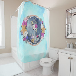 Cortina Para Box Âncora Floral Náutica Moderna Aquarela Azul