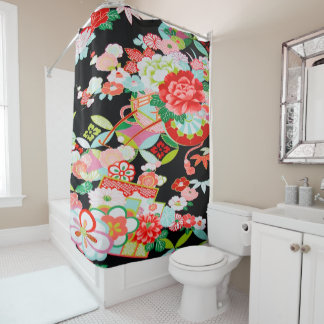 Cortina Para Box Antiguamente Black Red Japonês Kimono Flor