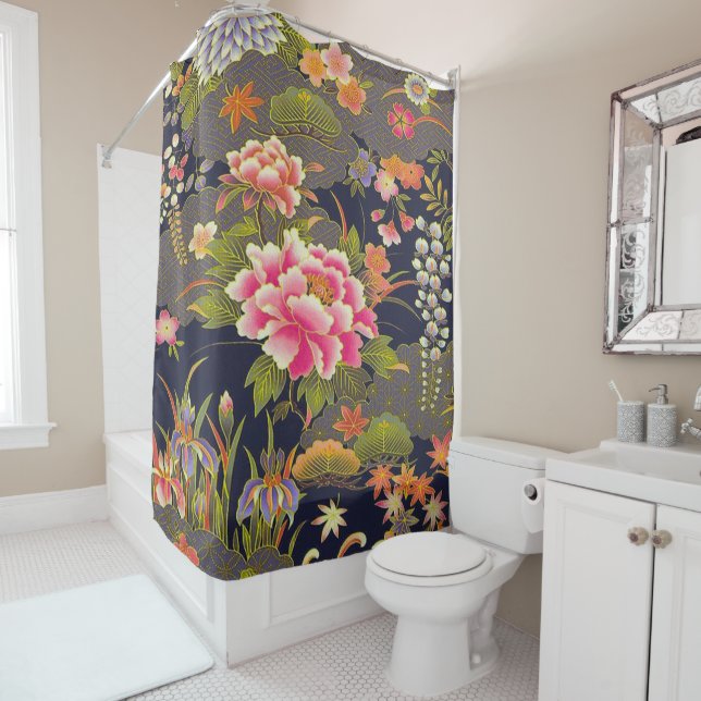 Cortina Para Box Antiguidade Verde Japonês Kimono Flor Floral (In Situ)