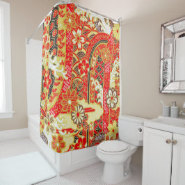 Cortina Para Box Antiquado Red Dourado Japonês Kimono Floral Flor