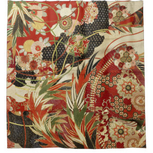 Cortina Para Box ANTIQUE FLORES JAPONESAS FLORES Vermelhas Verde Pr