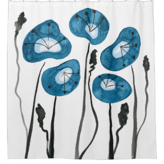 Cortina Para Box Aqua Blue Papoulas Decoração de Banheiro Boho Mode
