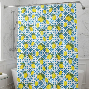 Cortina Para Box Aquarela Azulejo Azul Amarelo Limão Aquarela