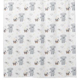 Cortina Para Box Aquarela Elefante Fofo Lua Nuvens Barco Berçário