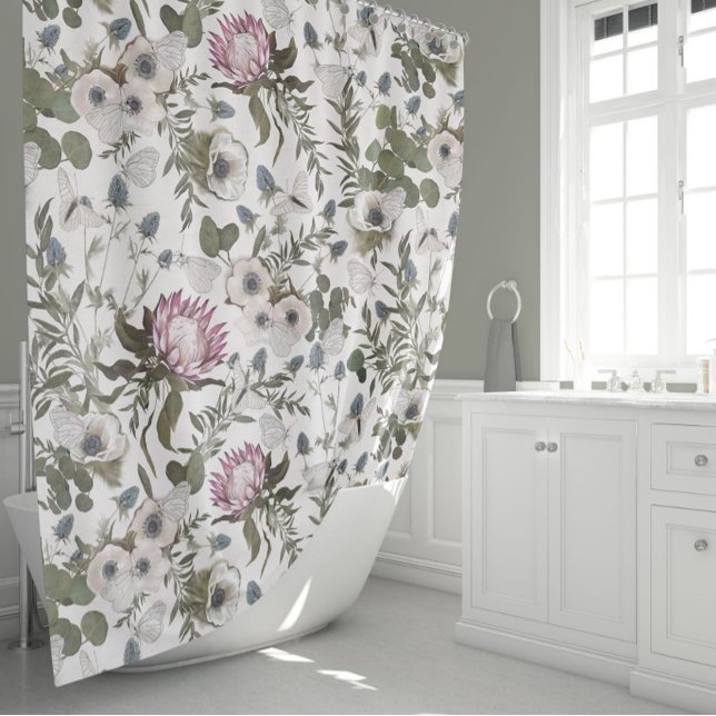 Cortina Para Box Aquarela Floral Elegante (Romantic Floral Elegance Protea Anemones Thistles Shower Curtain from Studio Posies.)
