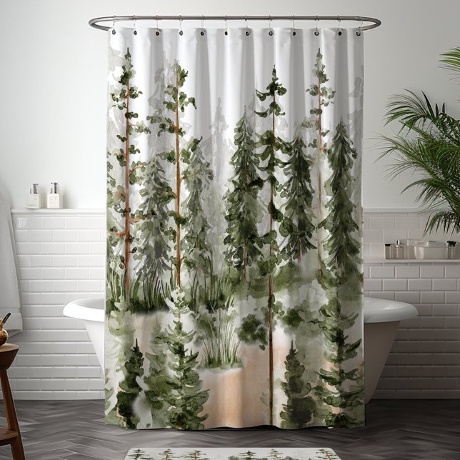 Cortina Para Box Aquarela Floresta Verde Rústica (In situ bathroom)