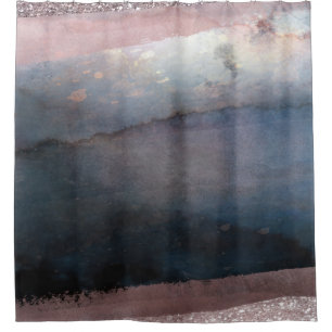 Cortina Para Box Aquarela Moderna Azul e Rosa Dourado Blush Glam