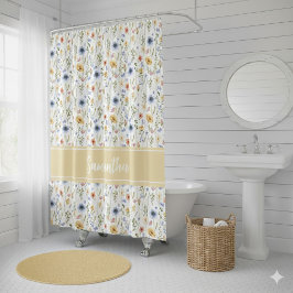 Cortina Para Box Aquarela Monograma Azul Amarelo Rosa Flor Silvestr