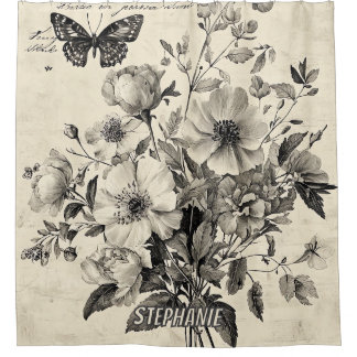 Cortina Para Box Arranjo Floral Antigo - Borboleta Monocromática
