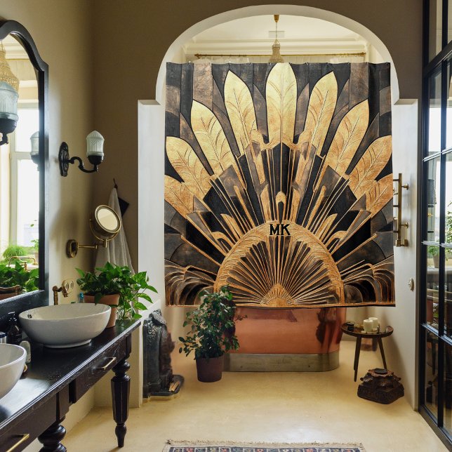 Cortina Para Box Art Deco Dourado Preto Seu Monograma Ruptura Sunst (Classy Art Deco black and gold shower curtains with your personal initial or monogram)