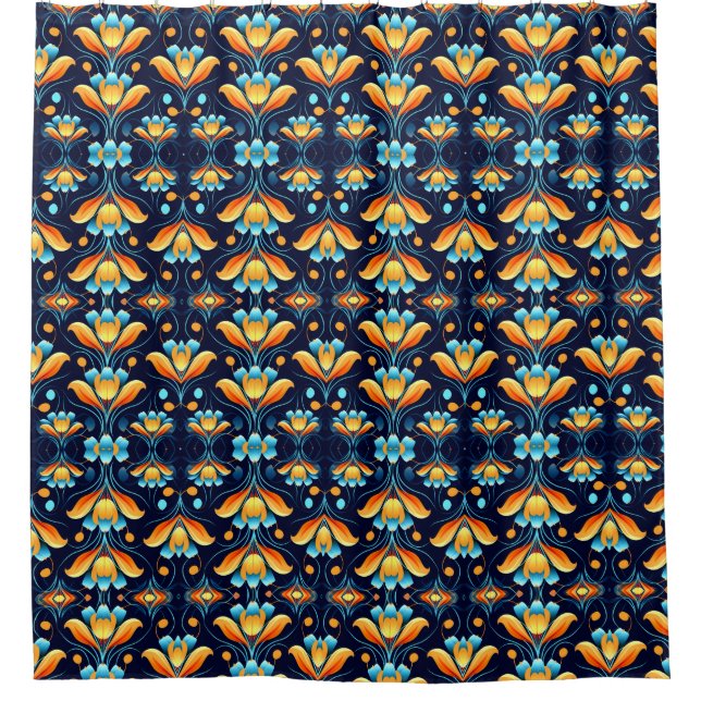 Cortina Para Box Art Deco - flores laranja azuis (Frente)