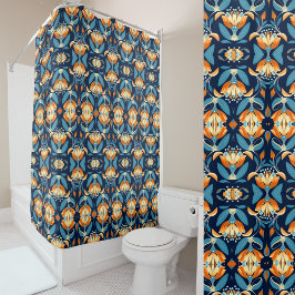 Cortina Para Box Art Deco - flores laranja azuis