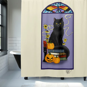 Cortina Para Box Art Nouveau Gato Preto Abóbora Roxo Outono Amarelo