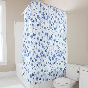 Cortina Para Box Arte Botânica Flor Silvestre Azul Branco