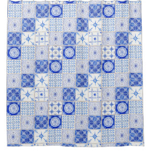 Cortina Para Box Arte branca azul do azulejo do vintage da casa da