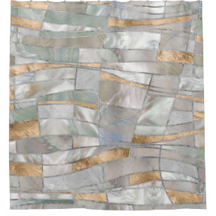 Cortina Para Box Arte de Ondas Mosaicas - Pérolas e Pastel Dourados