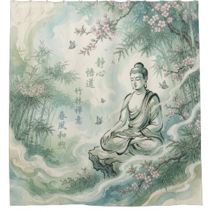 Cortina Para Box Arte de Tinta Bambu do Buda Meditando
