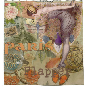 Cortina Para Box Arte Deco Colagem de Pavão Flapper Paris Antigo