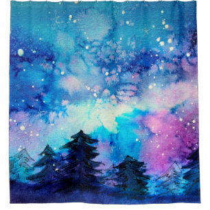 Cortina Para Box Arte espacial em aquarela com céu noturno e árvo