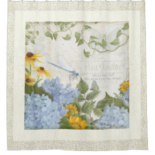 Cortina Para Box Arte floral da libélula do vintage da casa da