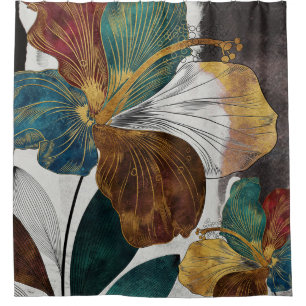 Cortina Para Box Arte Floral de Linha Dourada abstrato com Petinhas
