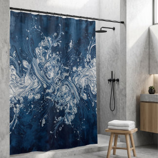 Cortina Para Box Arte Fluida Abstrata em Azul Naval e Branco em Már